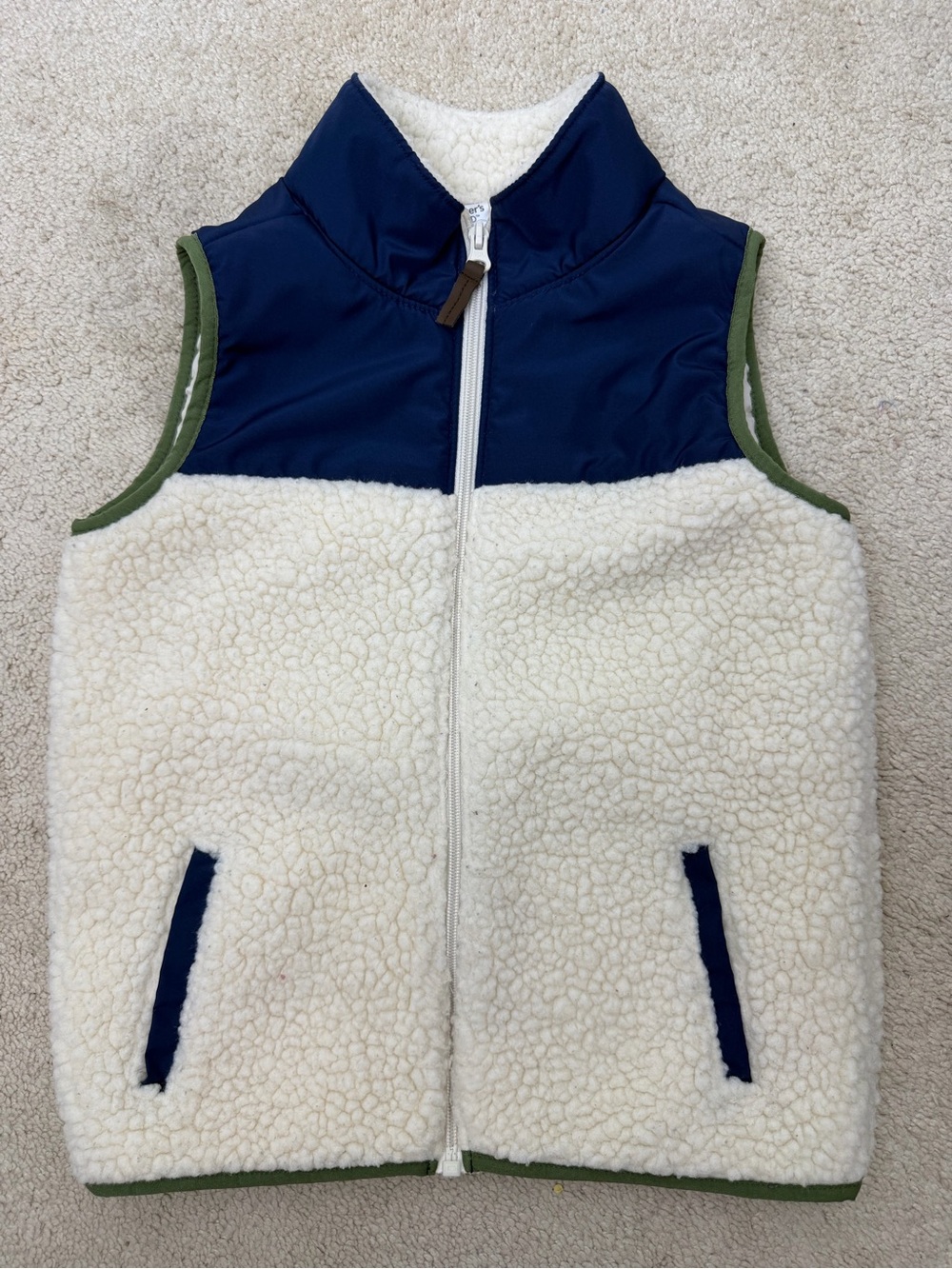 Carter’s Kids Sherpa Fleece Vest Size 7 Navy Blue Ivory Full Zip Winter Warm